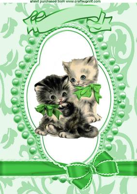 Lovely Kitties in Bead Frame with Green Bow A4