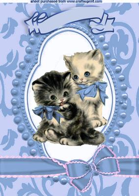 Little Kitty in Bead Frame with Blue Bows A4
