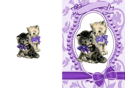 Cute Kitties in Bead Frame with Purple Bows A5 Card