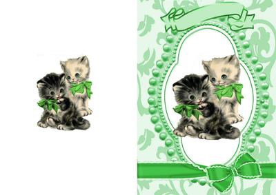 Cute Kitties in Bead Frame with Green Bows A5 Card