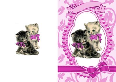 Cute Kitties in Bead Frame with Pink Bows A5 Card