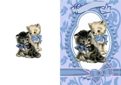 Cute Kitties in Bead Frame with Blue/pink Bow A5 Card