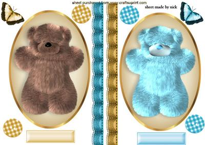 Blue/brown Fluffy Bear Toppers in Oval Frame