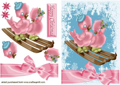 Pink Little Christmas Birds on a A Sledge