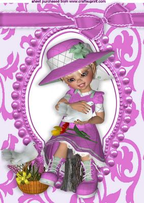 Little Girl in Pink with Doves in Bead Frame A4