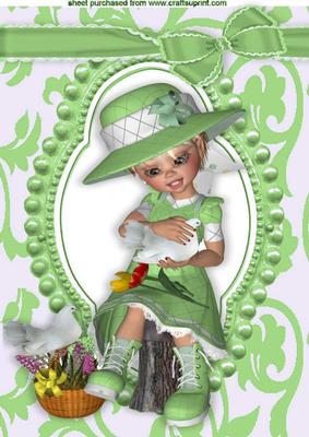 Little Girl in Green with Doves in Bead Frame A4