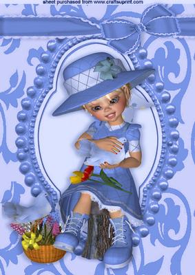 Little Girl in Blue with Doves in Bead Frame A4