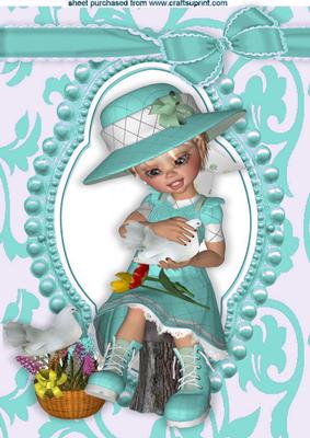 Little Girl in Turq with Doves in Bead Frame A4