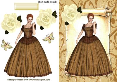 Victorian Lady on a Scroll with Cream Rose