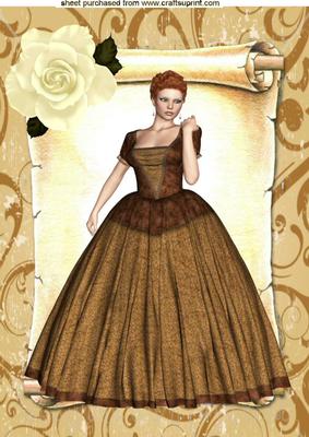 Victorian Lady on a Scroll with Cream Rose A4
