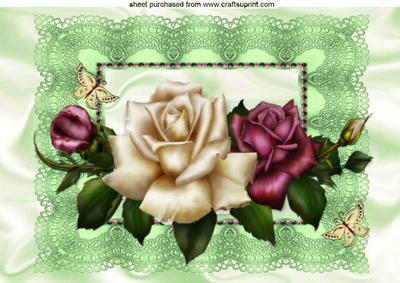 Roses on Green Vintage Lace with Butterflies A4