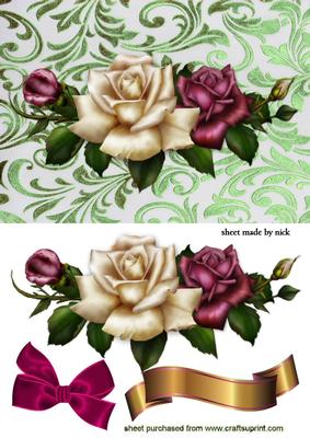 Roses on Green Swirl Background with Bow