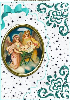 Nativity in Glass on Turq Scalloped Envelope A4