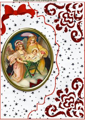 Nativity Scene in Glass on Red Scalloped Envelope A4