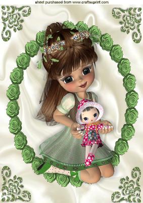 Little Girl with Her Doll in Green Rose Frame A4