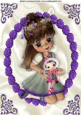 Little Girl with Her Doll in Purple Rose Frame A4