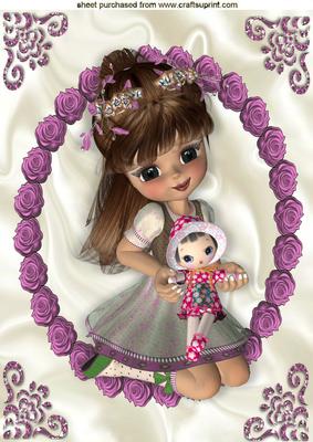 Little Girl with Doll in Pink Rose Frame A4