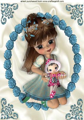 Little Girl with Her Doll in Turq Rose Frame A4