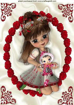 Little Girl with Her Doll in Red Rose Frame A4
