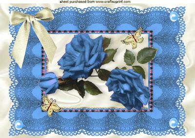 Blue Roses and Cream Bow on Vintage Lace A4