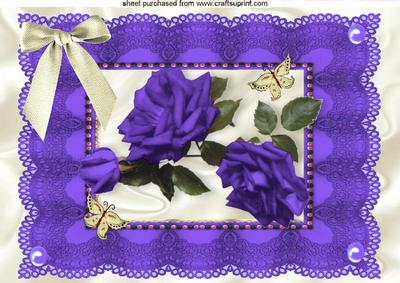 Purple Roses and Cream Bow on Vintage Lace A4