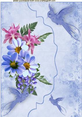 Pretty Flowers with Bluebirds, on a Scalloped Envelope A4