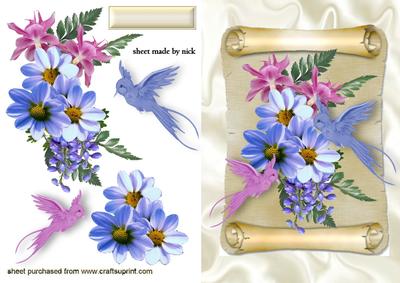 Flowers and Bluebirds on a Scroll