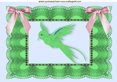 Green Bird on Lace with Bows A4