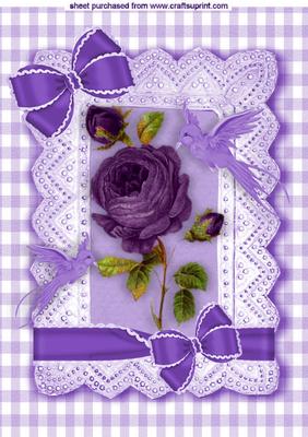 Purple Rose with Birds and Bows in Gingham Frame A4