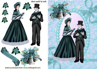 Carol Singers with Turq Bells in Pearl Frame