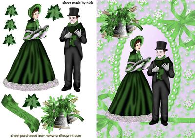 Carol Singers with Green Bells in Pearl Frame