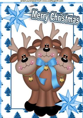 Cute Reindeers with Blue Bow in Tree Frame A4