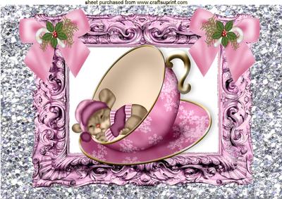 Little Mouse in Teacup with Pink Christmas Bows A4