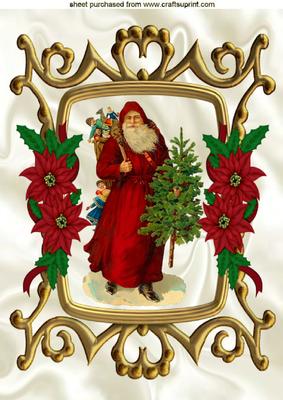 Vintage Santa in Gold Frame with Red Poinsettias A4