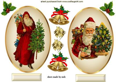 Vintage Santa Toppers with Bells and Holly