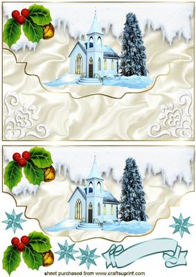 Pretty Christmas Church with Holly on Scalloped Envelope
