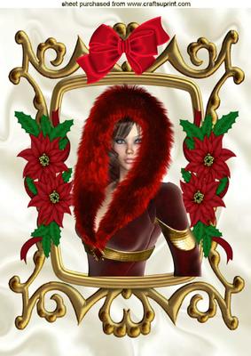 Pretty Lady in Fur, with Red Bow and Poinsettia Frame A4