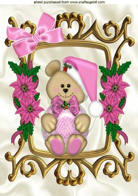Christmas Teddy with Pink Bow, in Frame A4