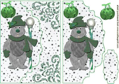 Cardboard Christmas Teddy in Green on Scalloped Envelope