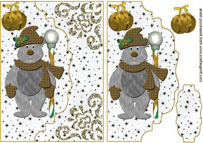 Cardboard Christmas Teddy in Gold on a Scalloped Envelope