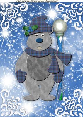 Cardboard Christmas Teddy, with Snowflake Background A4