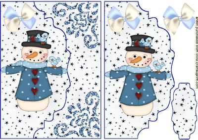 Snowman with Little Bluebird, on Scalloped Envelope