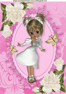 Sweet Little Lady in White with White Roses A4
