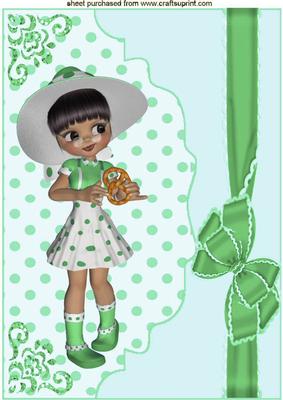 Little Lady in Green Spots, on Scalloped Envelope A4
