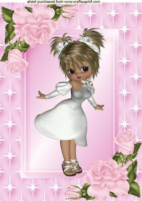 Little Lady in White in Star Frame with Pink Roses A4