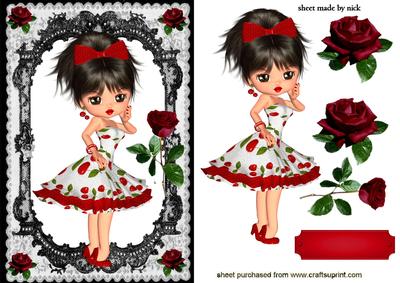 Cherrylicious Little Lady with Red Roses in Black Lace Frame