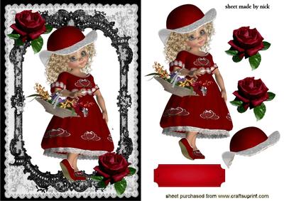 Little Lady with Basket of Flowers in Rose Lace Frame