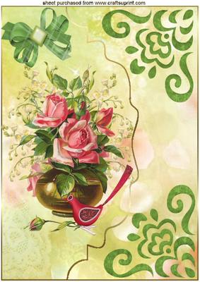 Pink Roses with Little Bird on a Scalloped Envelope A4