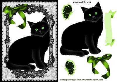 Black Cat with Green Eyes in Lace Frame