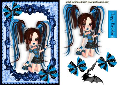 Gothic Girl in Blue Lace Frame, with Bat